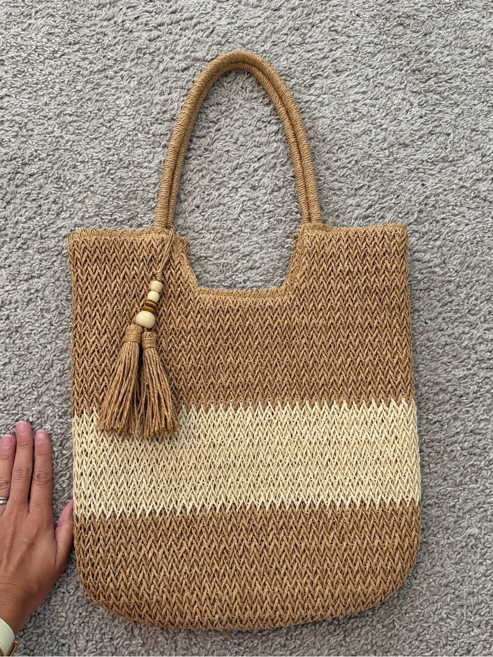 Source Unknown Woven Tote in Brown and Cream with Tassel